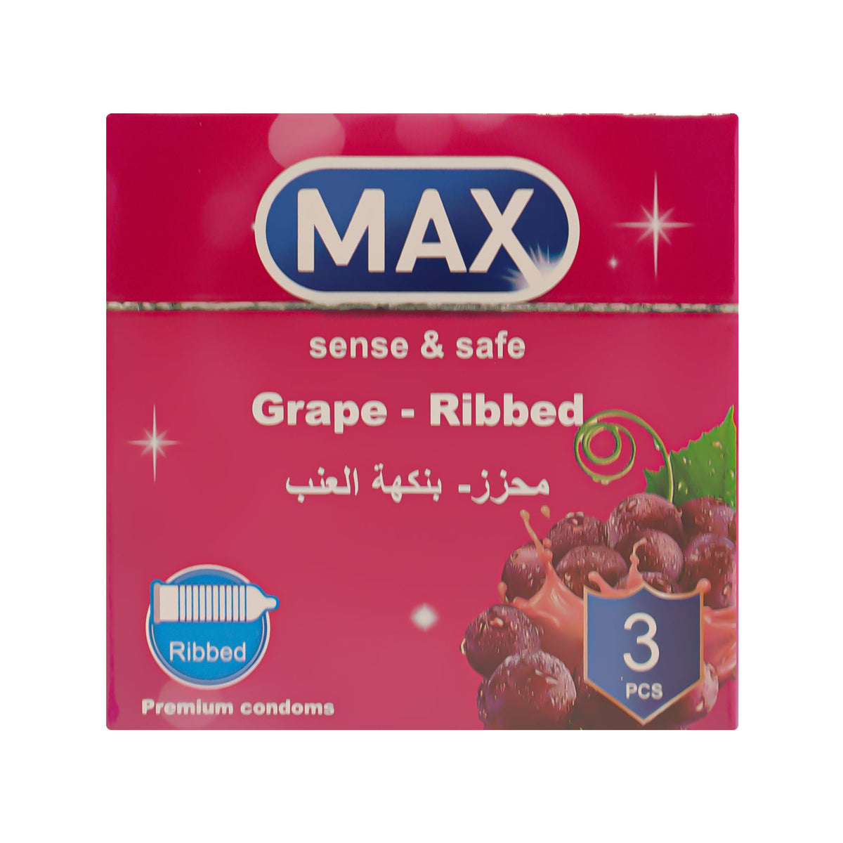 ماكس سينس آند سيف واقي ذكري محزز بنكهة العنب -3 قطعة
