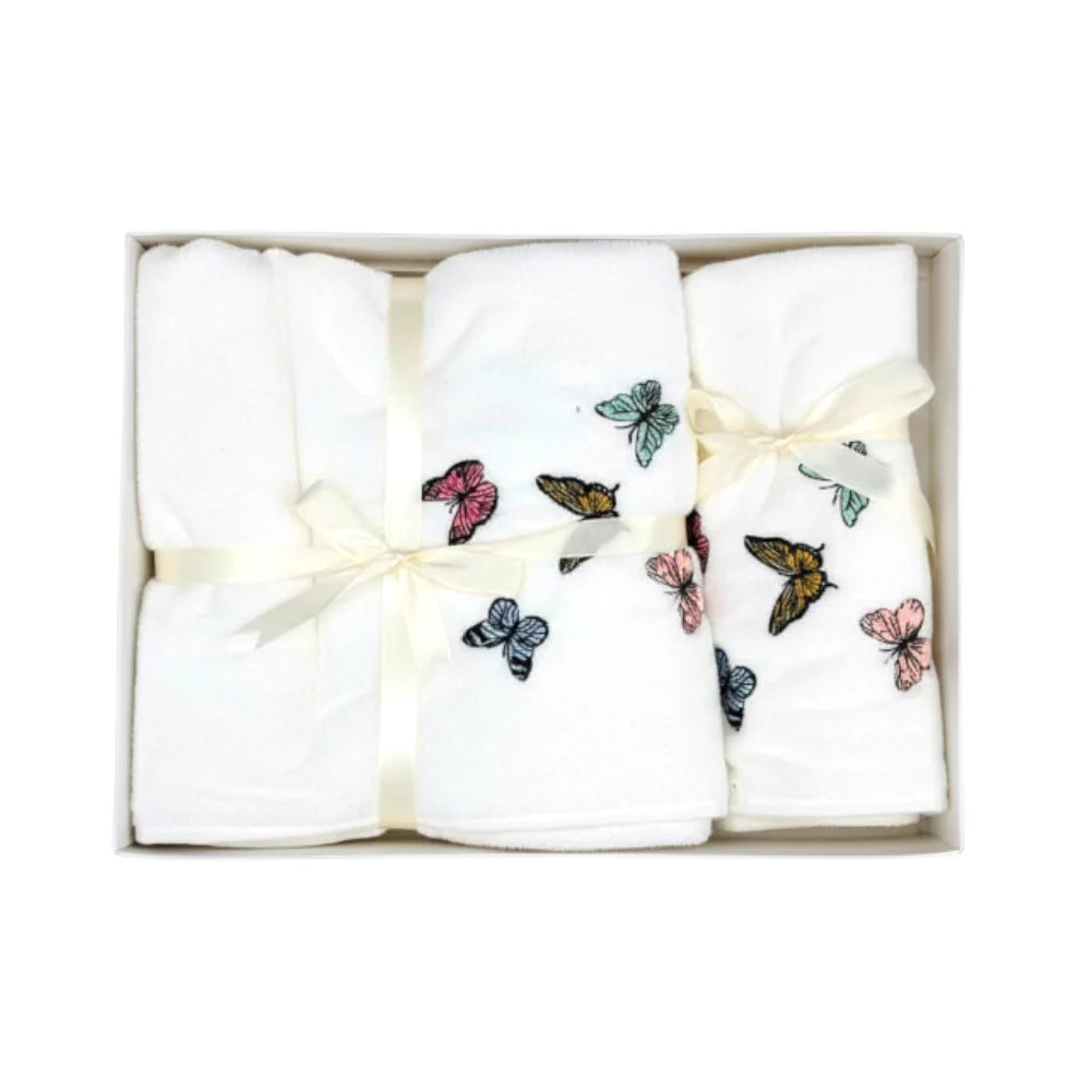 هوم تيكستيل كلاسيك فاشن طقم مناشف قطنية للاستحمام للجسم والشعر بنقشة فراشات  – قطعتين
