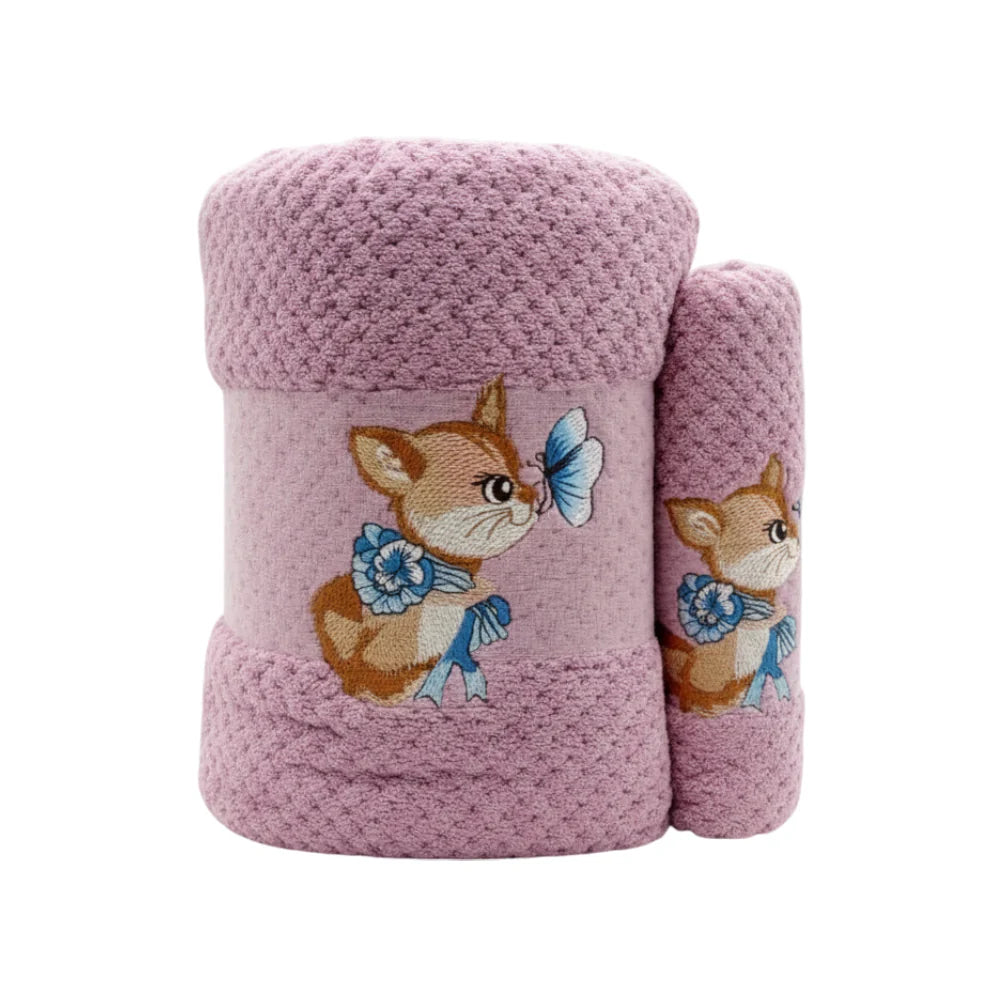 طقم مناديل استحمام قطنية للجسم والشعر برسمة قطة لطيفة – قطعتين