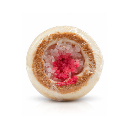 Relaxing Mineral Bath Bomb – Beige with Pink Crystals.