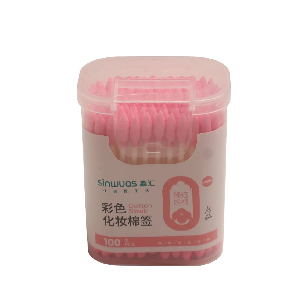 Sinwuas dual tipped pink cosmetic cotton swabs 100 pieces in transparent storage case