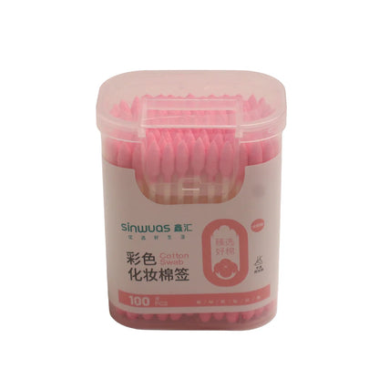 Sinwuas dual tipped pink cosmetic cotton swabs 100 pieces in transparent storage case