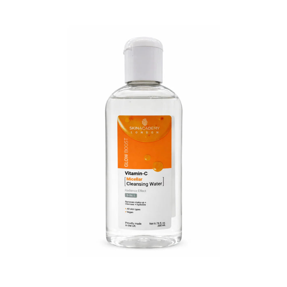 Skin Academy London Glow Boost Vitamin-C micellar cleansing water 200ml for radiance effect and makeup removal